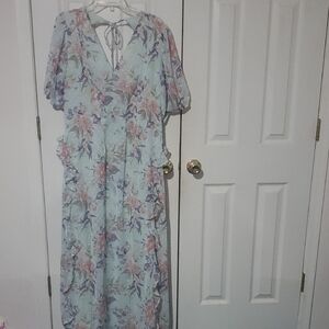 Dizzy Pink and Blue V-Neck Puff Sleeve Maxi Dress